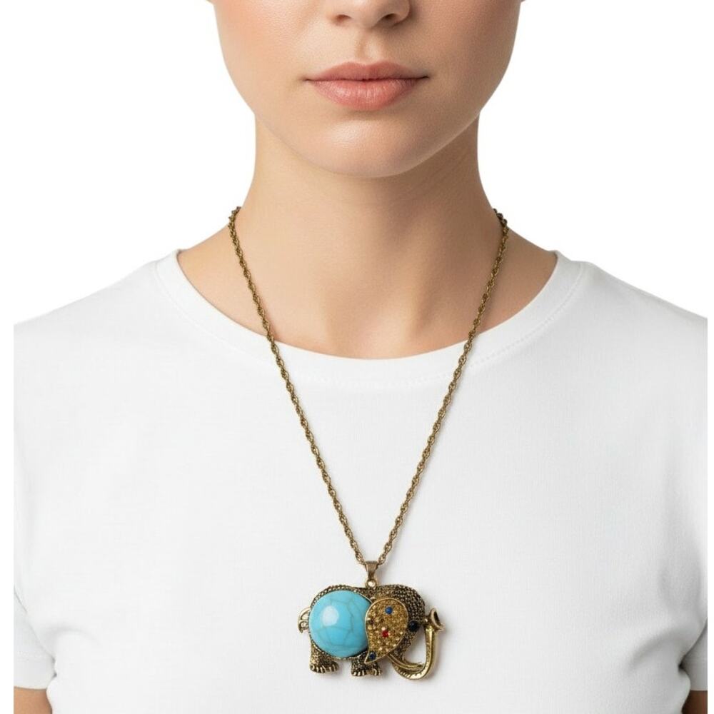 Boho Gold Tone Elephant Pendant Necklace Turquoise Rhinestone Long